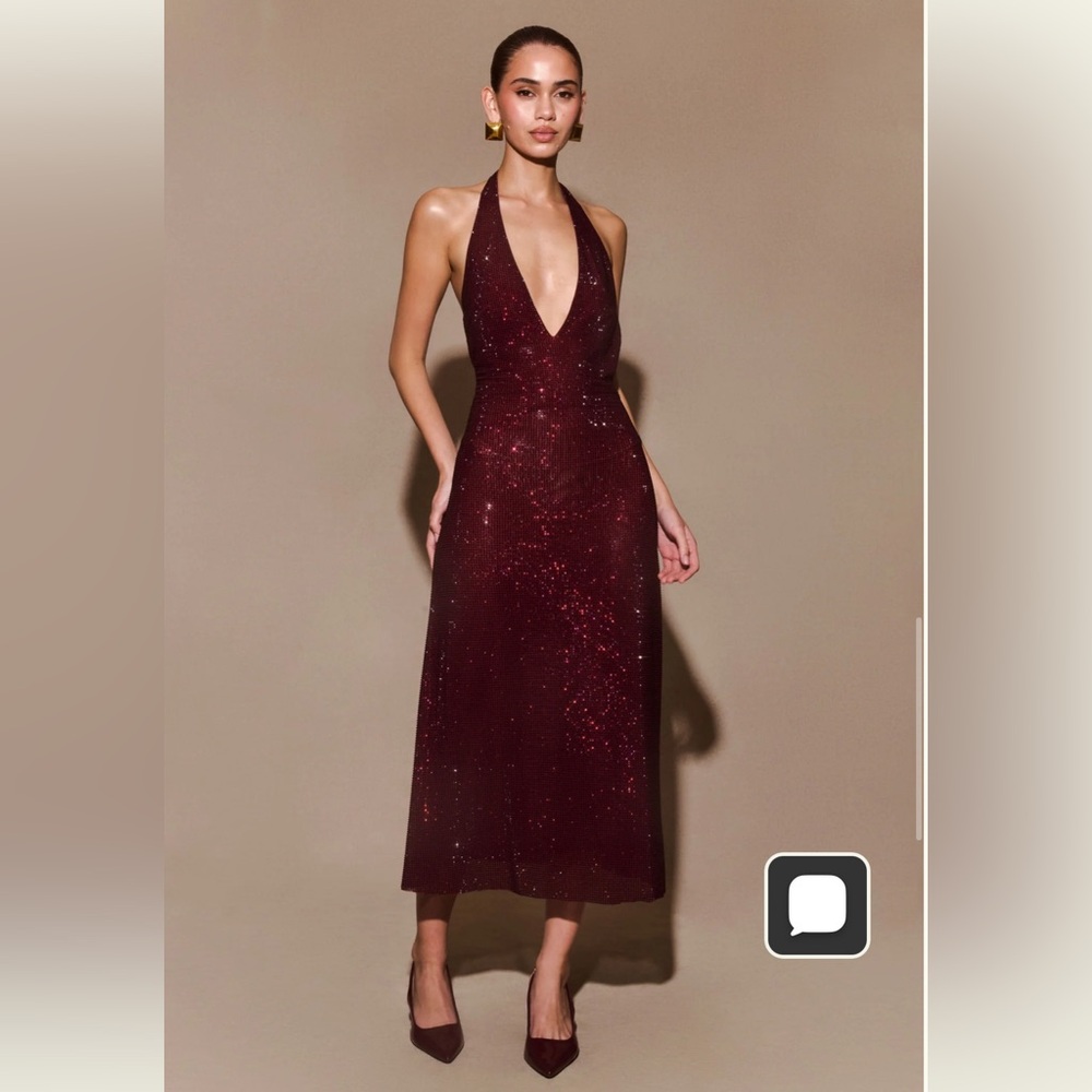 Meshki Genie Diamante Halter Midi Dress - Mahogany